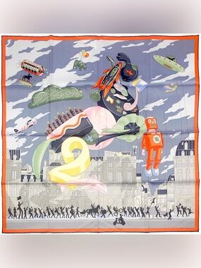 Hermès Parade Silk Scarf 90 in Gray-Blue with Orange Border (NWT)